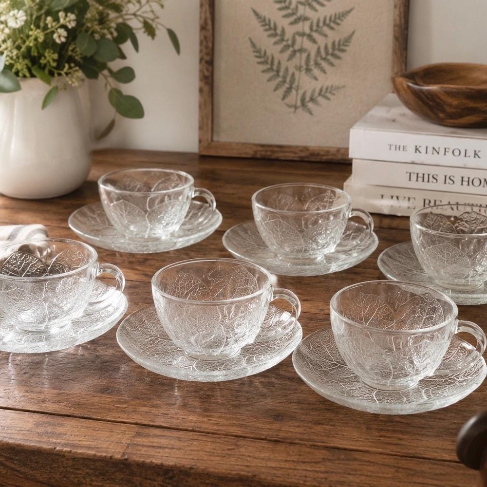 Arcoroc Aspen Clear Glass Coffee Cups & Saucers Set of 6 French Leaf VTG 80s